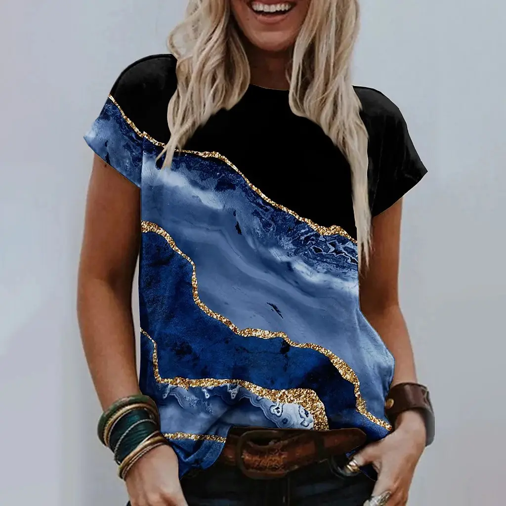 Women Blue Gold Print Pullover T-Shirt Short Sleeve Casual Wear - Image 5