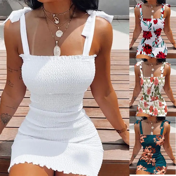 Women Printed Lace-up Skirt Dress White Floral - Image 6