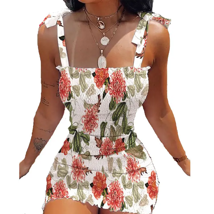 Women Printed Lace-up Skirt Dress White Floral - Image 4