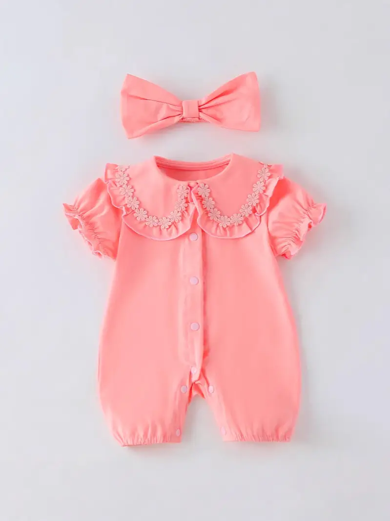 Newborn Short Sleeve Baby Girl Coveralls Set with Bow - Image 9