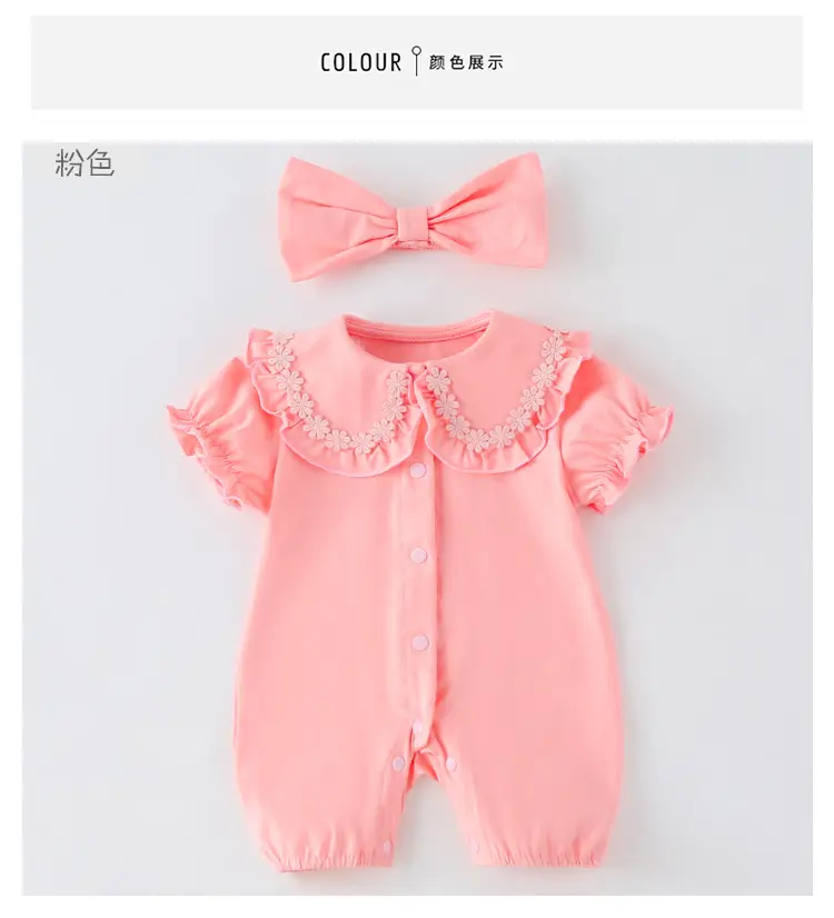 Newborn Short Sleeve Baby Girl Coveralls Set with Bow — feature 11