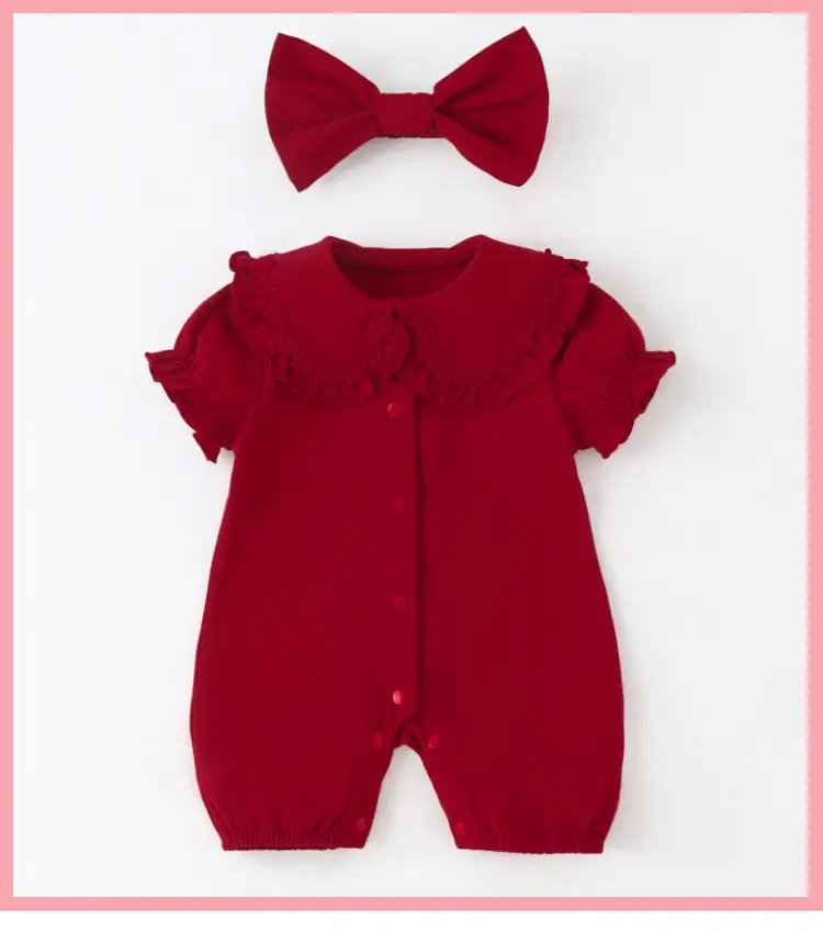 Newborn Short Sleeve Baby Girl Coveralls Set with Bow — feature 6