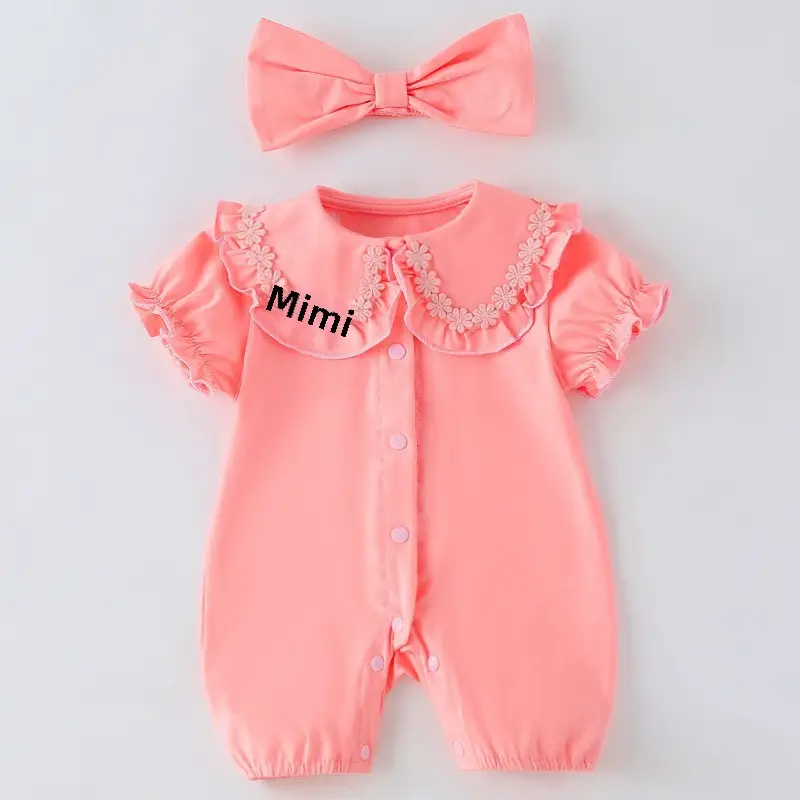 Newborn Short Sleeve Baby Girl Coveralls Set with Bow - Image 4