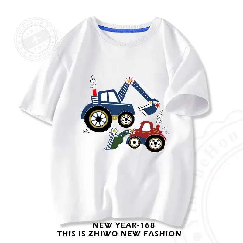 Factory Wholesale Boys Cotton T-Shirt Cartoon Tractors White - Image 17