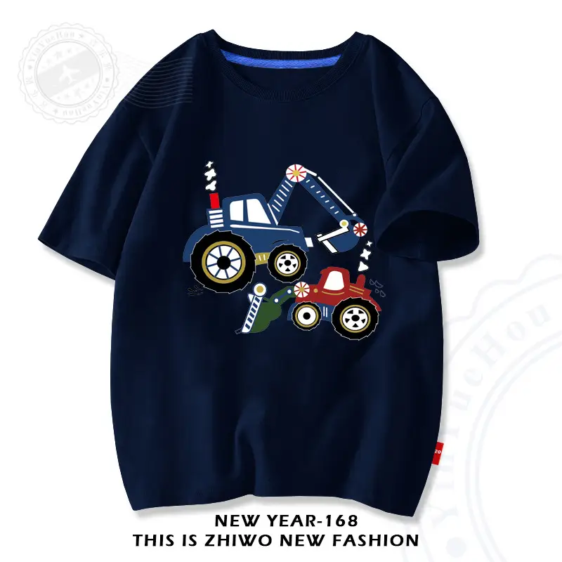 Factory Wholesale Boys Cotton T-Shirt Cartoon Tractors White - Image 2