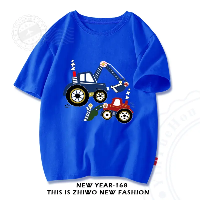 Factory Wholesale Boys Cotton T-Shirt Cartoon Tractors White - Image 3