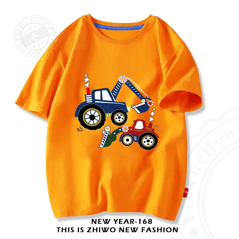 Factory Wholesale Boys Cotton T-Shirt Cartoon Tractors White - Image 4