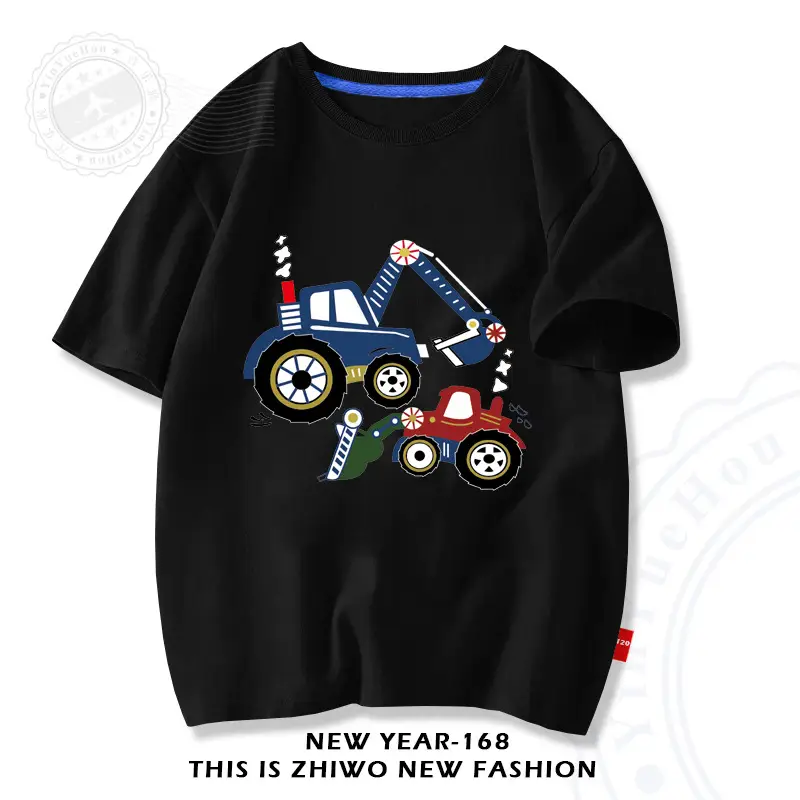 Factory Wholesale Boys Cotton T-Shirt Cartoon Tractors White - Image 6