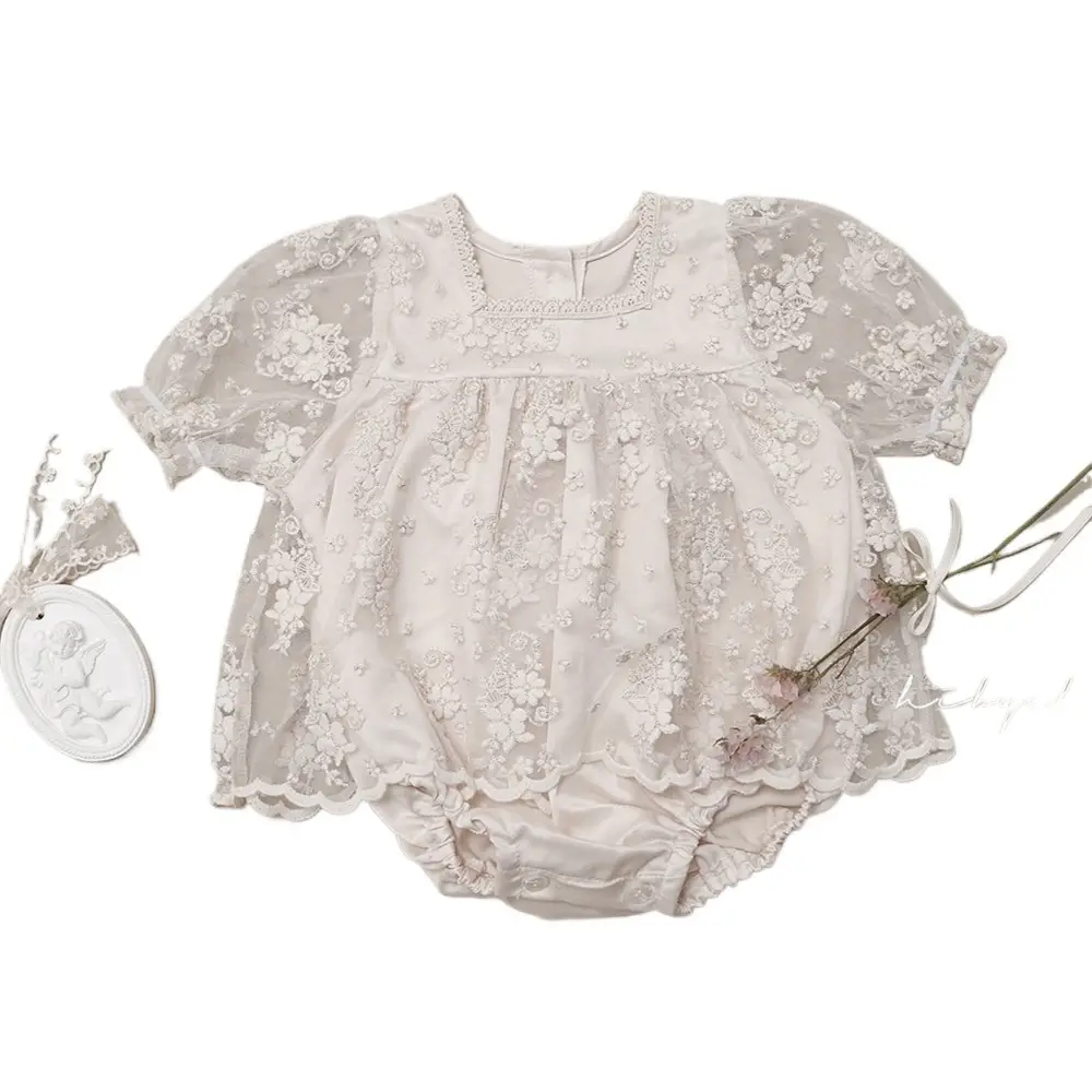 White Embroidered Lace Baby Girl Jumpsuit Set with Hat & Scarf - Image 10