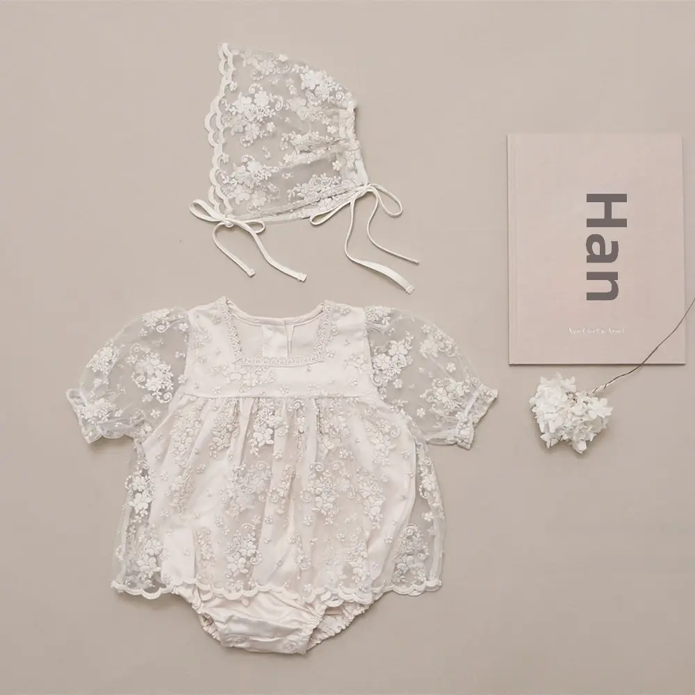 White Embroidered Lace Baby Girl Jumpsuit Set with Hat & Scarf - Image 2