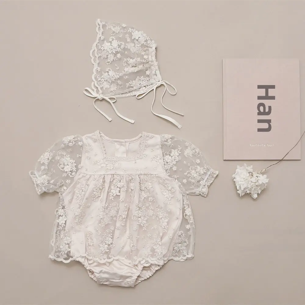 White Embroidered Lace Baby Girl Jumpsuit Set with Hat & Scarf - Image 3