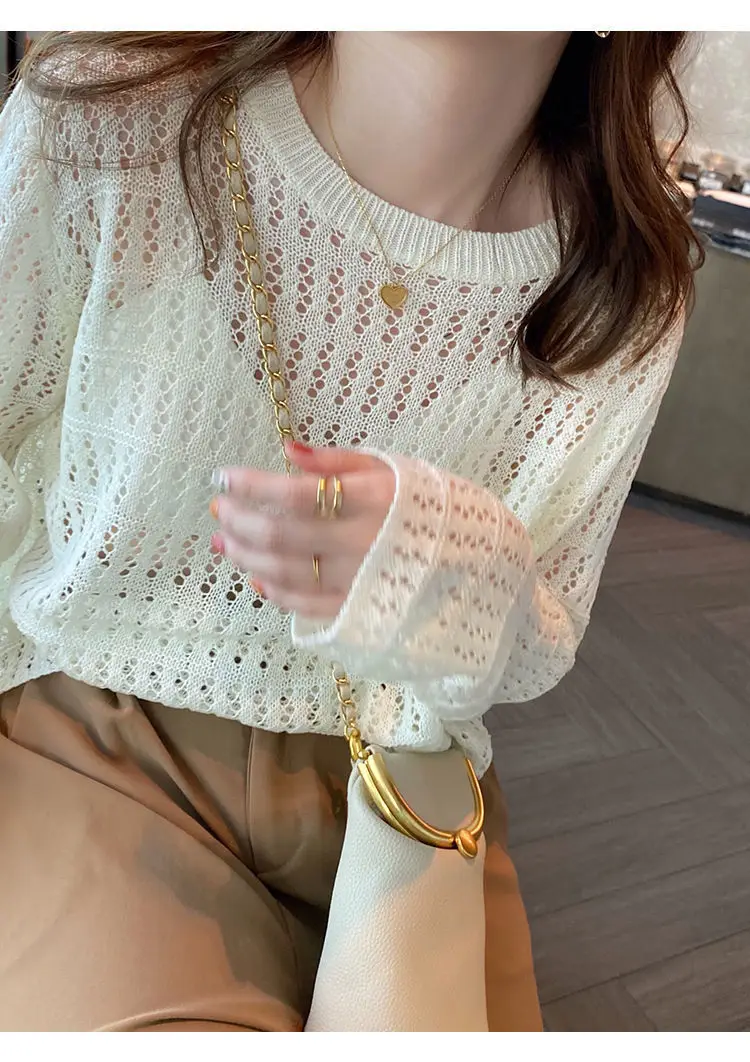 Women Hollow Knit Sweater White 2025 — feature 9