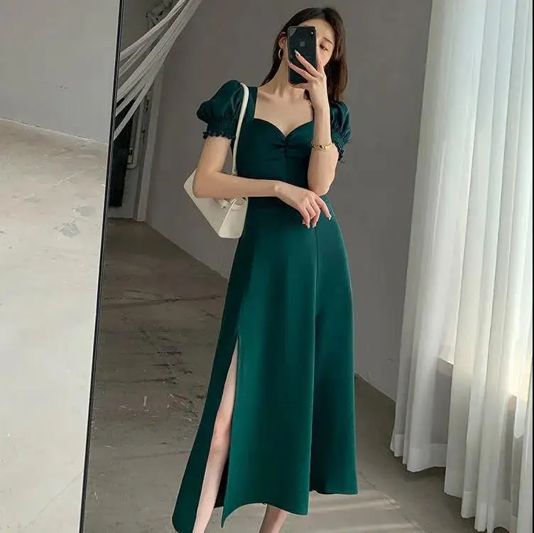 Red French Sweet Puff Sleeve A-Line Dress for Women - Image 4