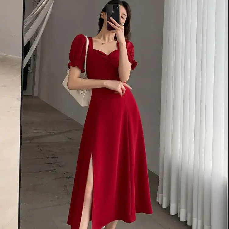 Red French Sweet Puff Sleeve A-Line Dress for Women - Image 5
