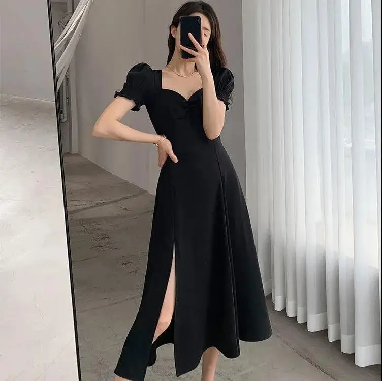 Red French Sweet Puff Sleeve A-Line Dress for Women - Image 6