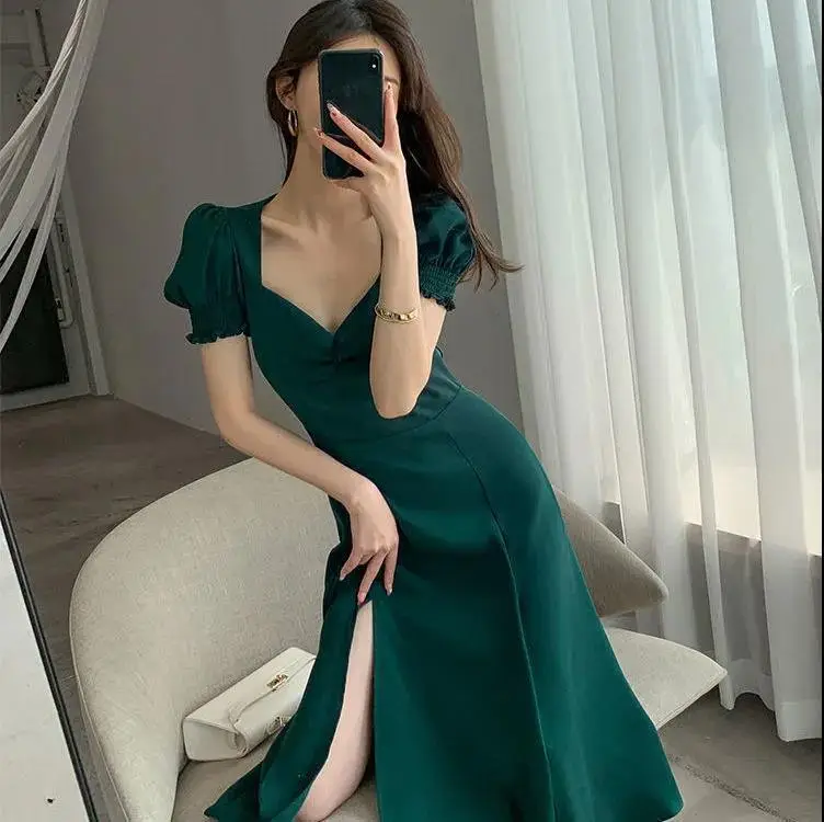 Red French Sweet Puff Sleeve A-Line Dress for Women - Image 7