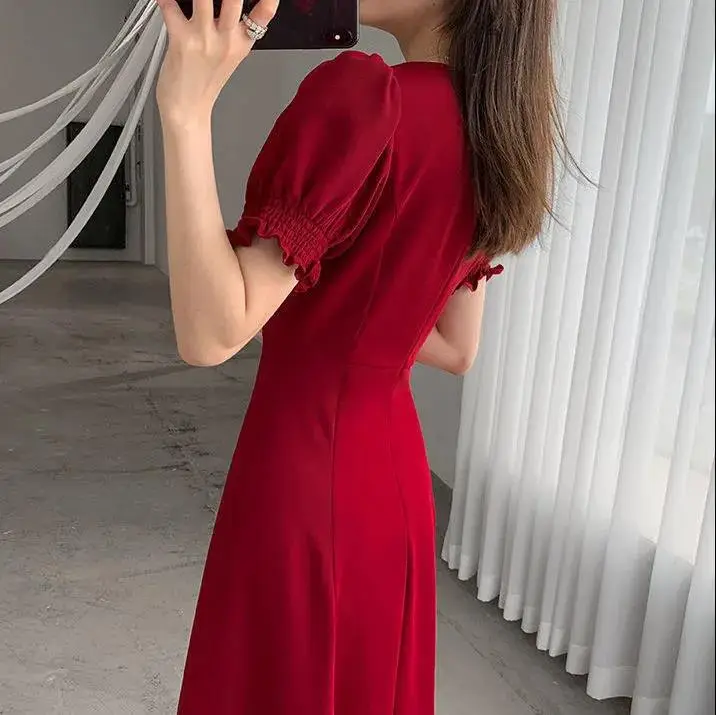 Red French Sweet Puff Sleeve A-Line Dress for Women - Image 8