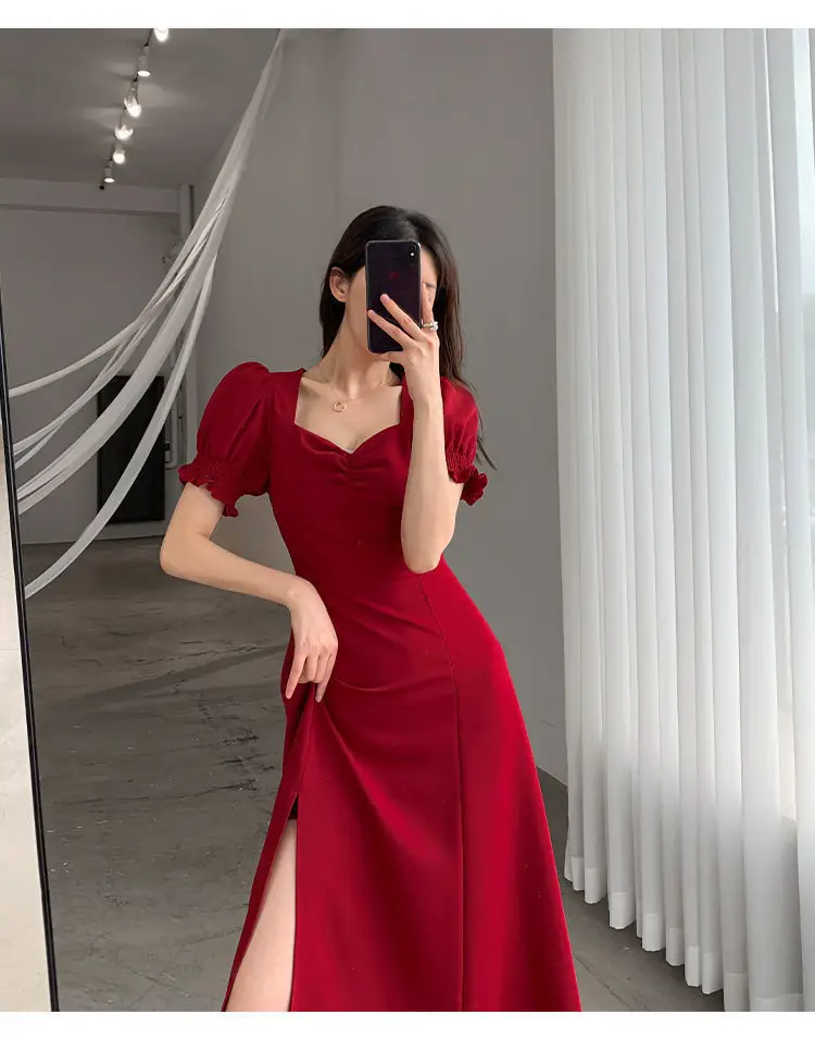 Red French Sweet Puff Sleeve A-Line Dress for Women — feature 10