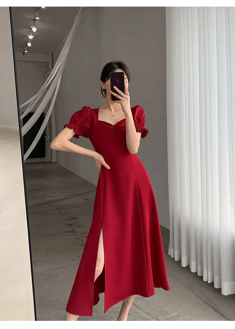 Red French Sweet Puff Sleeve A-Line Dress for Women — feature 11