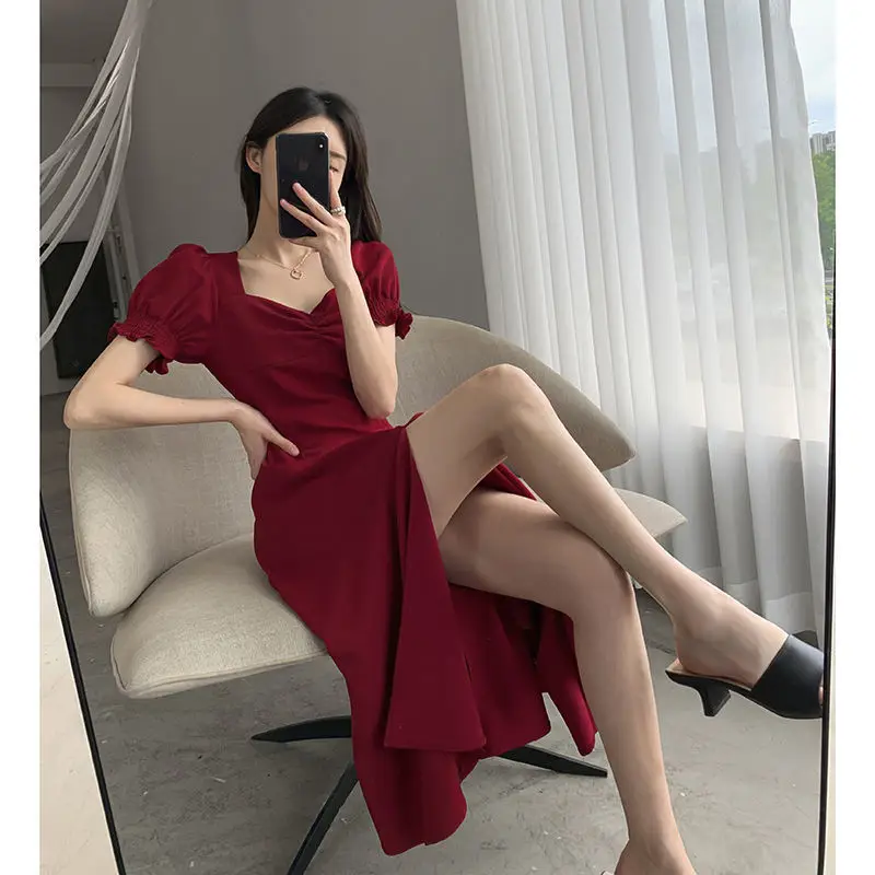 Red French Sweet Puff Sleeve A-Line Dress for Women — feature 12