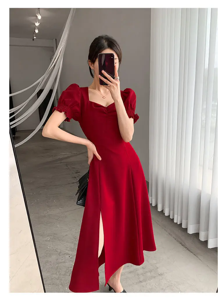 Red French Sweet Puff Sleeve A-Line Dress for Women — feature 13