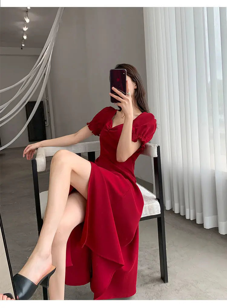 Red French Sweet Puff Sleeve A-Line Dress for Women — feature 14