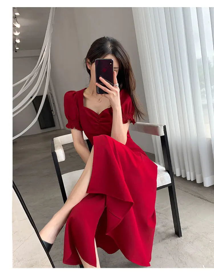 Red French Sweet Puff Sleeve A-Line Dress for Women — feature 15