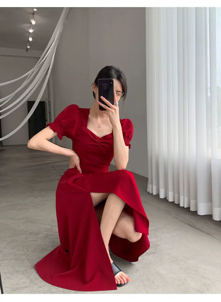 Red French Sweet Puff Sleeve A-Line Dress for Women — feature 16