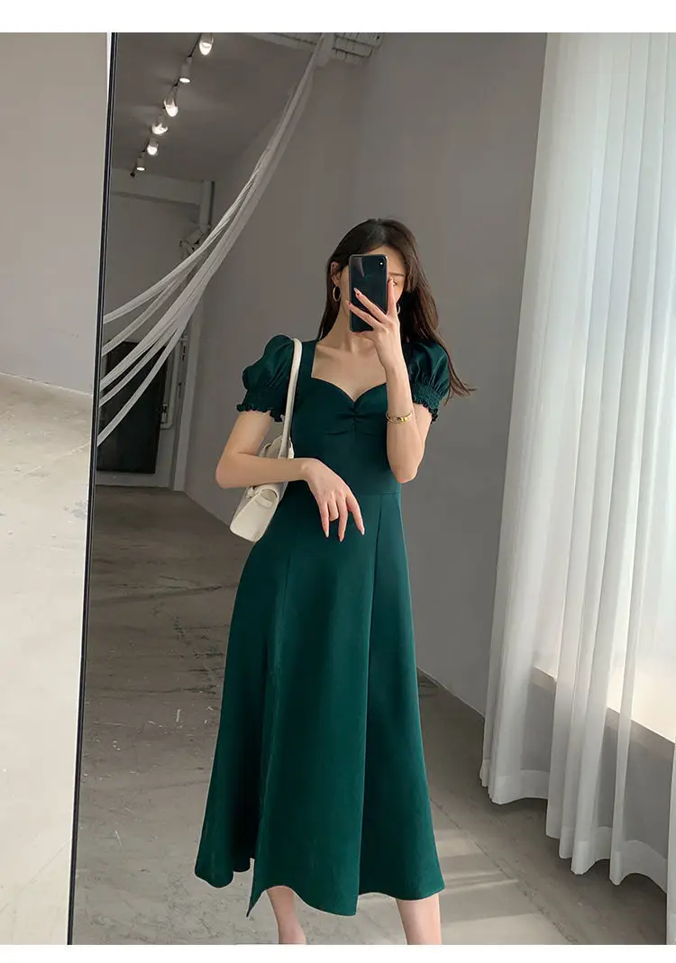 Red French Sweet Puff Sleeve A-Line Dress for Women — feature 2