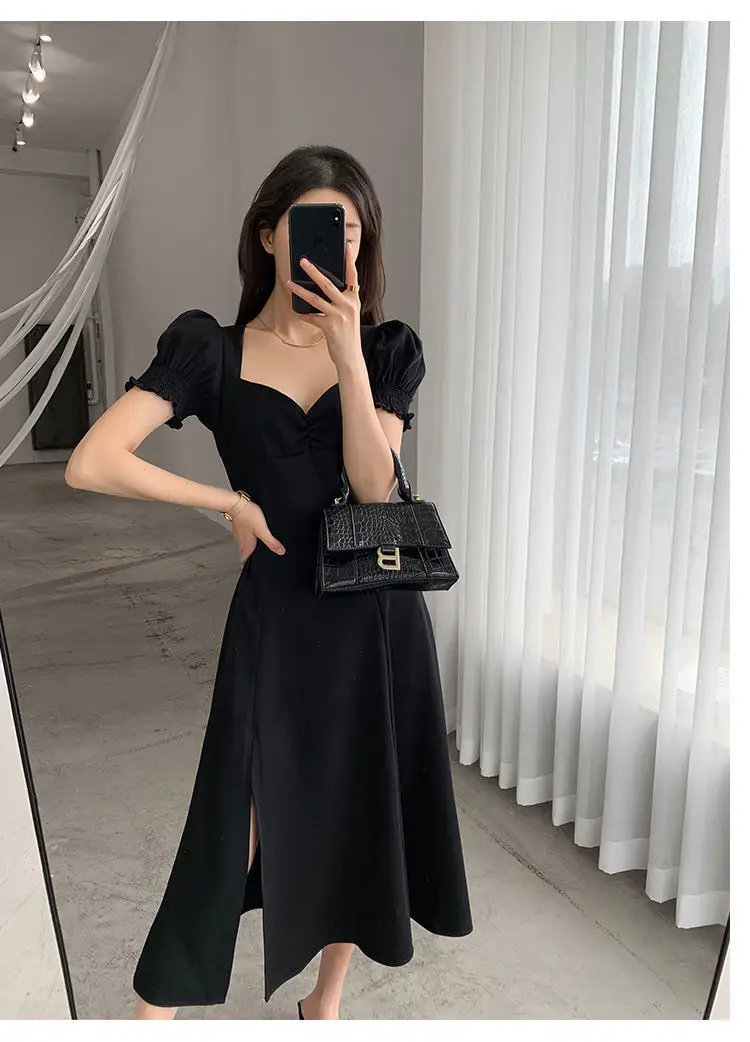 Red French Sweet Puff Sleeve A-Line Dress for Women — feature 21