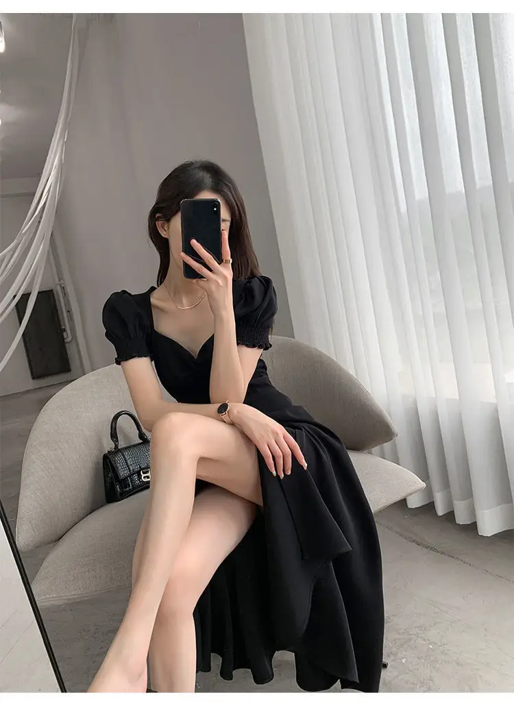 Red French Sweet Puff Sleeve A-Line Dress for Women — feature 22