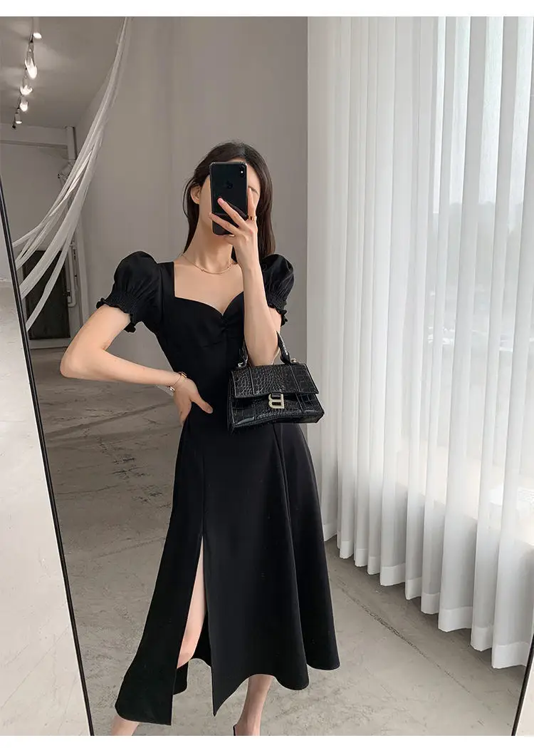 Red French Sweet Puff Sleeve A-Line Dress for Women — feature 24