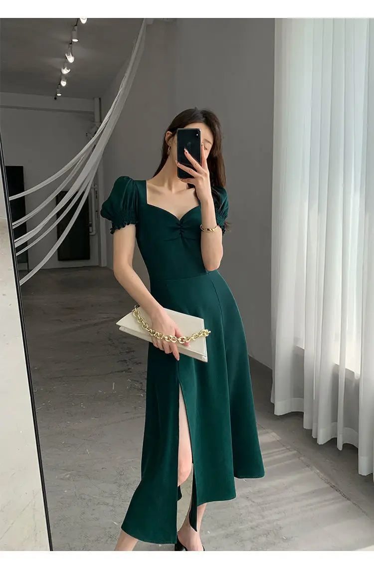 Red French Sweet Puff Sleeve A-Line Dress for Women — feature 3