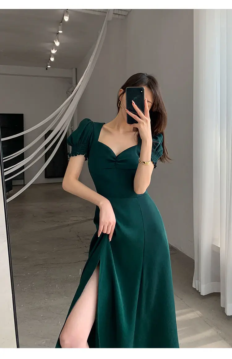 Red French Sweet Puff Sleeve A-Line Dress for Women — feature 4