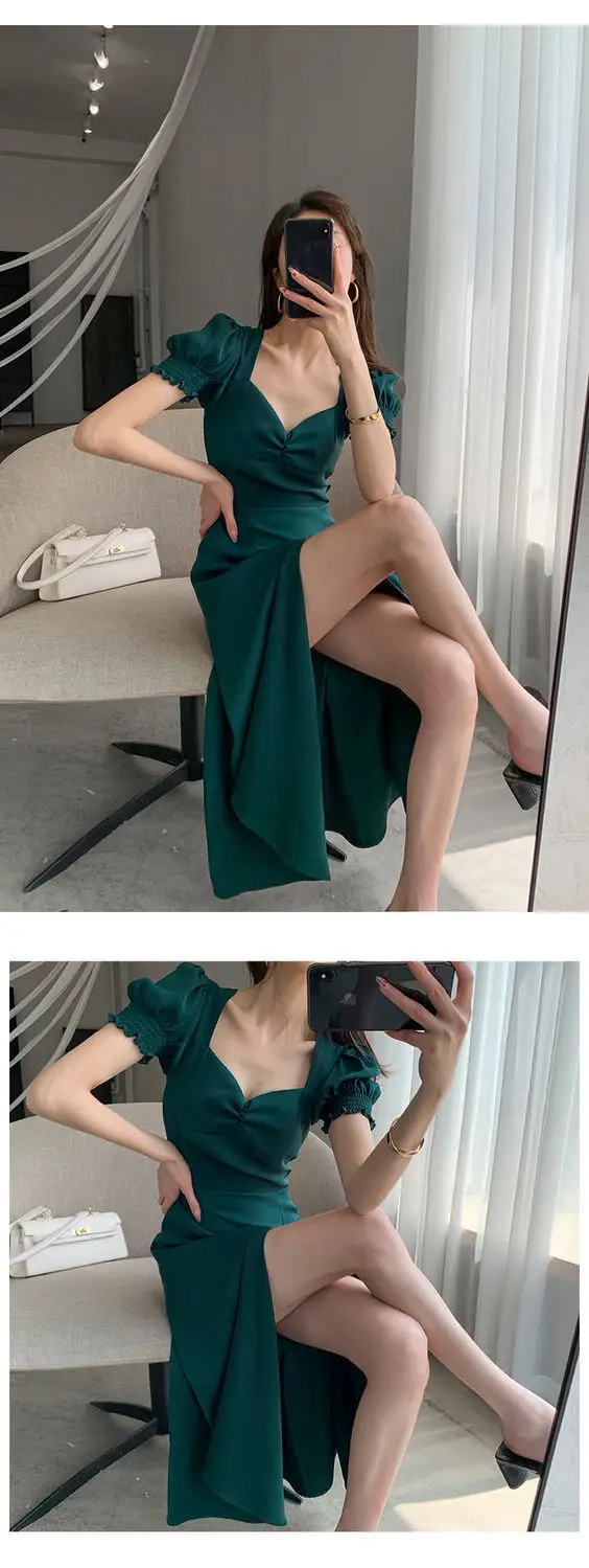 Red French Sweet Puff Sleeve A-Line Dress for Women — feature 7