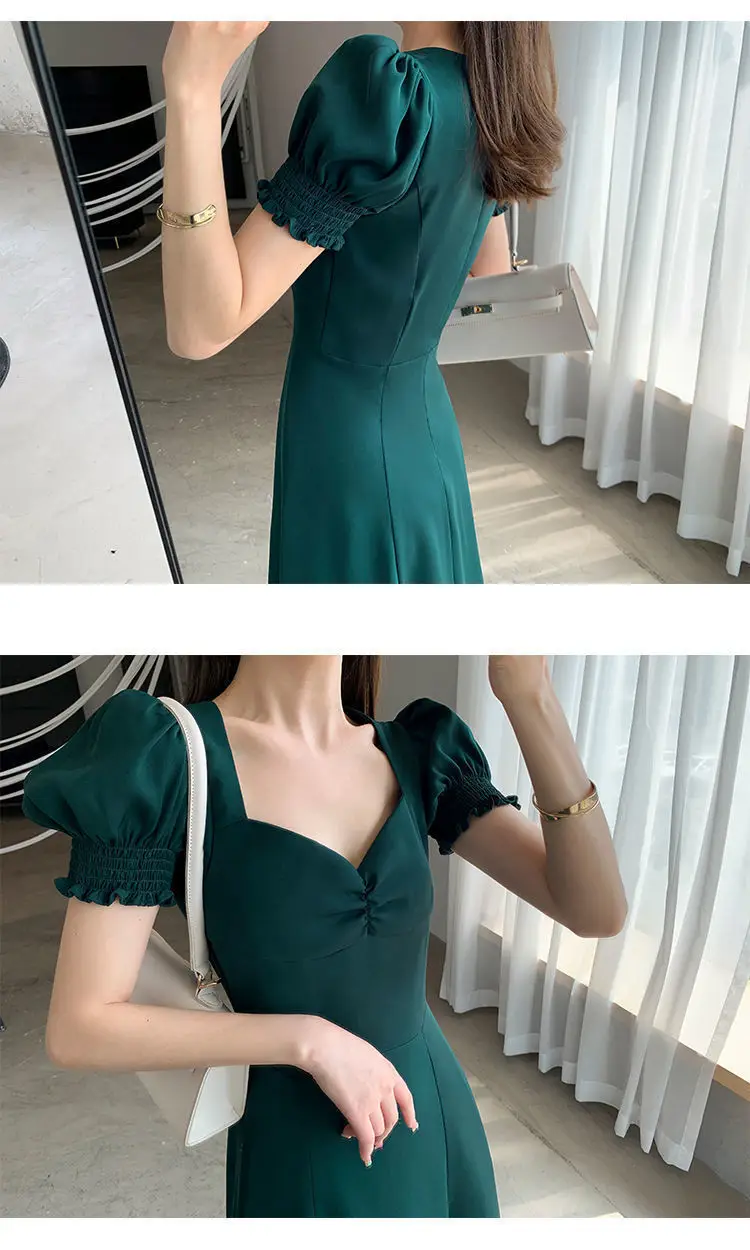 Red French Sweet Puff Sleeve A-Line Dress for Women — feature 8
