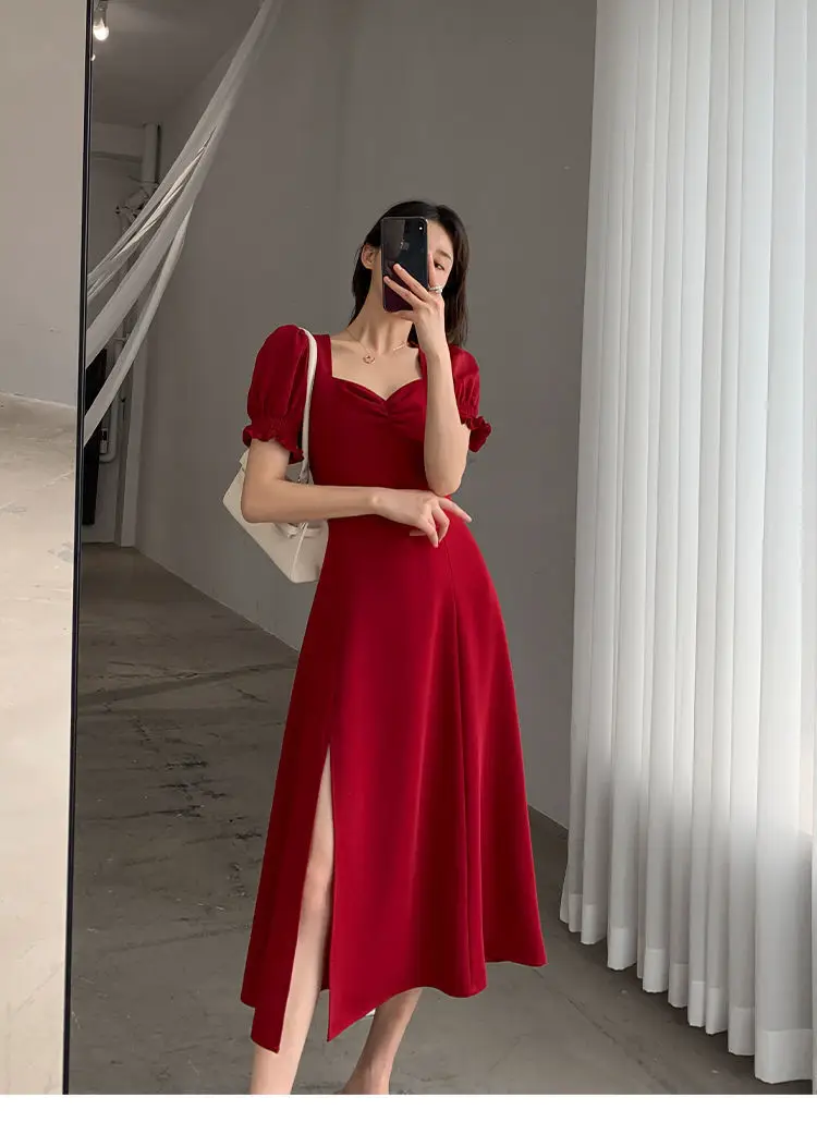 Red French Sweet Puff Sleeve A-Line Dress for Women — feature 9