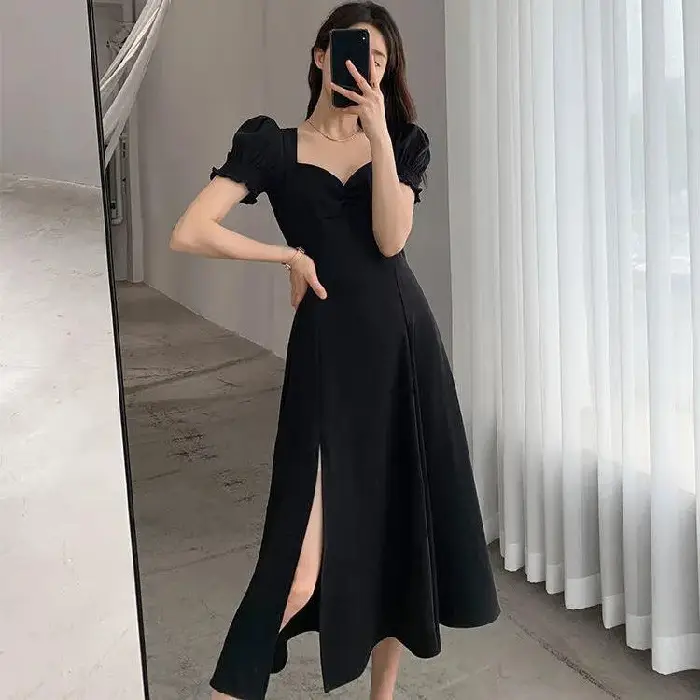 Red French Sweet Puff Sleeve A-Line Dress for Women - Image 3