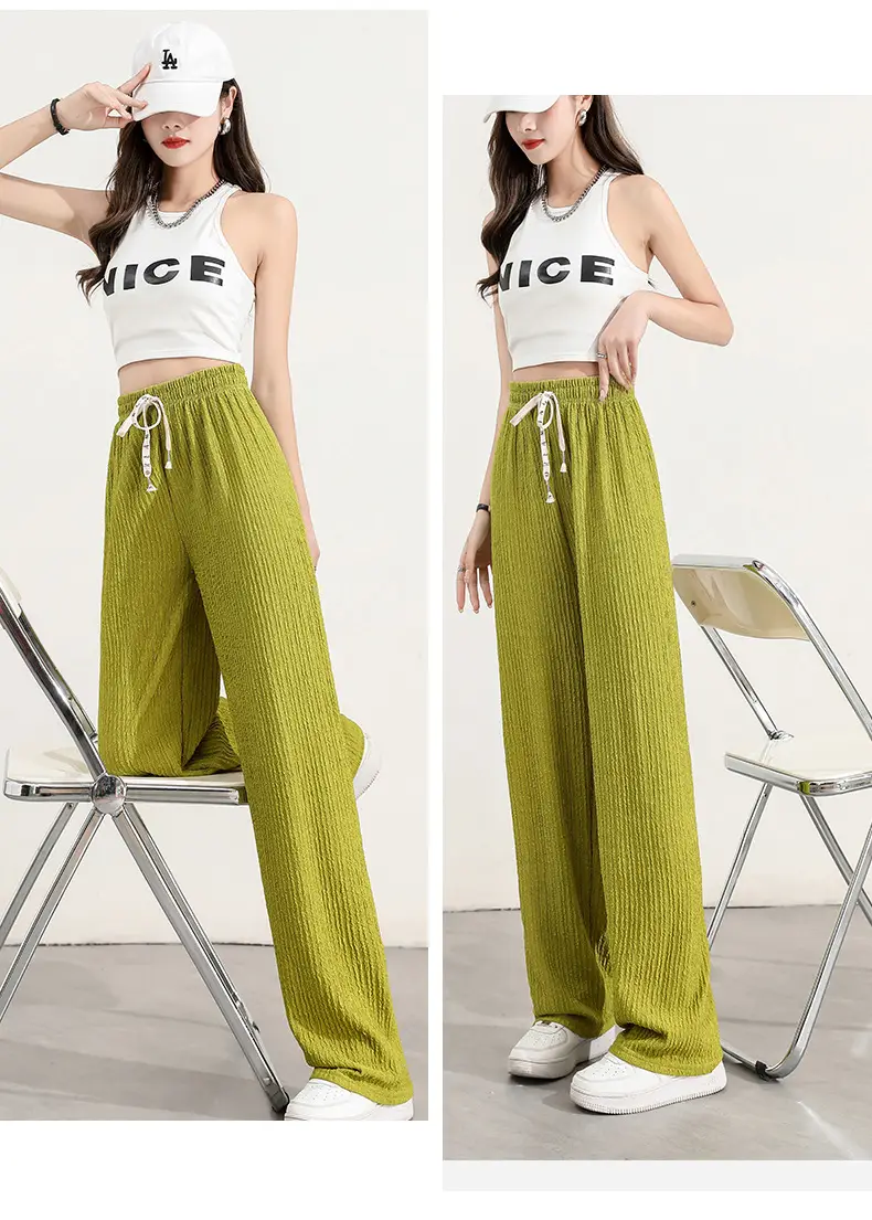 Women's Drawstring Ice Silk Wide Leg Pants Green — feature 11