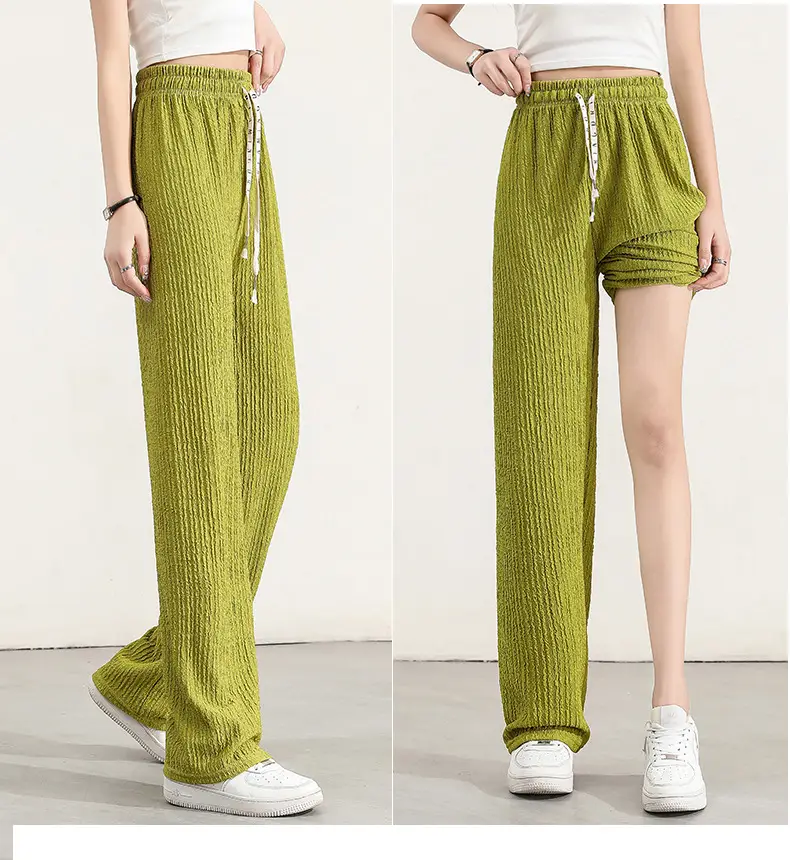 Women's Drawstring Ice Silk Wide Leg Pants Green — feature 13