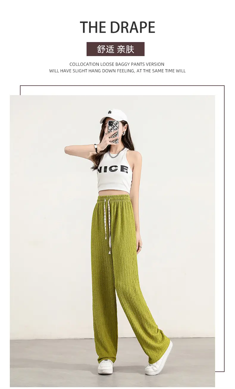 Women's Drawstring Ice Silk Wide Leg Pants Green — feature 2