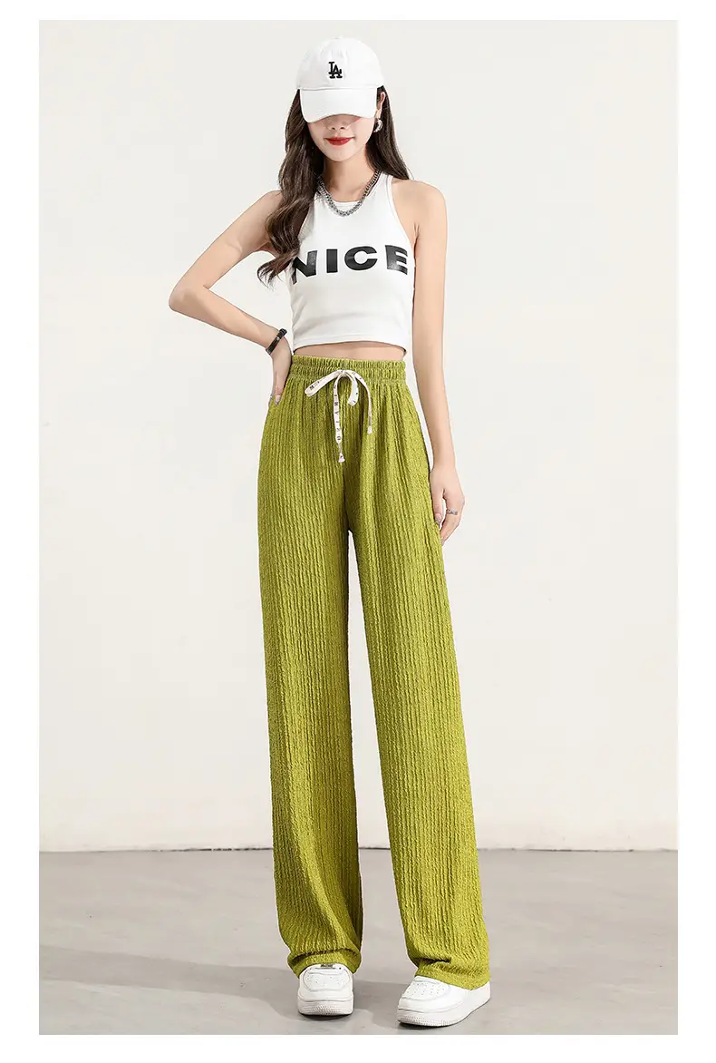 Women's Drawstring Ice Silk Wide Leg Pants Green — feature 9
