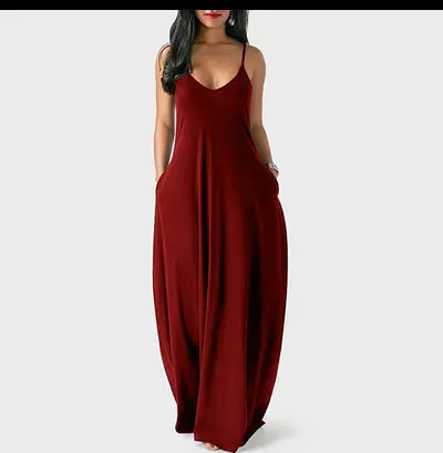 2022 Summer V-Strap Long Dress Solid Color Plus Size - Image 3
