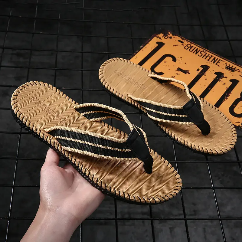 Men's Black Straw Flip Flops 2022 Summer Non-Slip