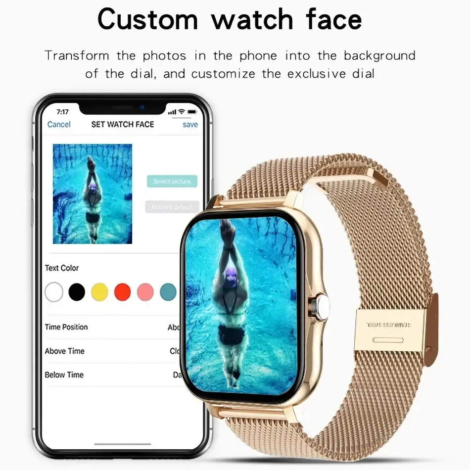 Gold mesh-band smartwatch beside a phone screen showing watch-face customization.