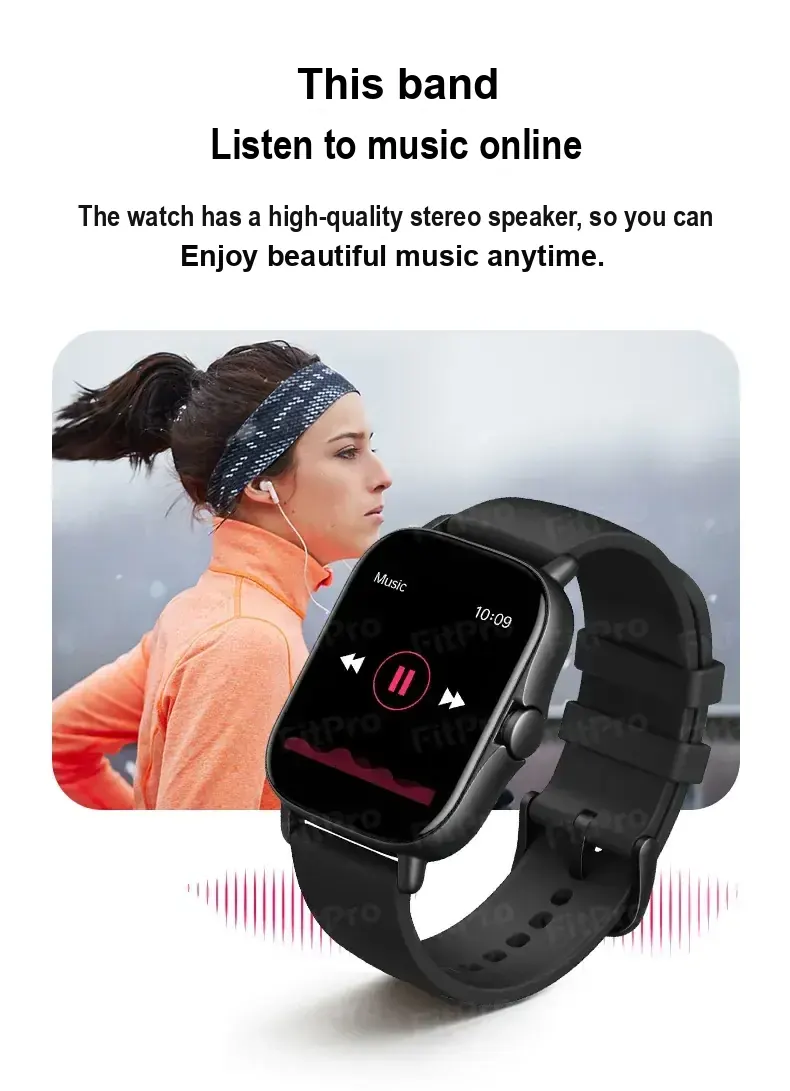 Smartwatch music playback screen beside a runner, with Chinese text about listening to music.