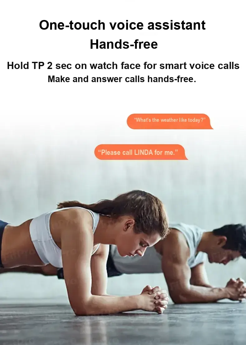 Chinese-language feature panel about voice assistant and calling, with people exercising.