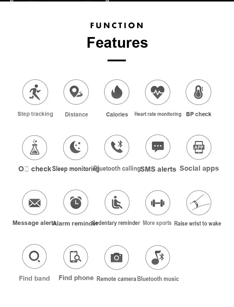 Feature-icon panel showing steps, distance, calories, heart rate, blood pressure, blood oxygen, sleep, calls, reminders, sports, and other functions.