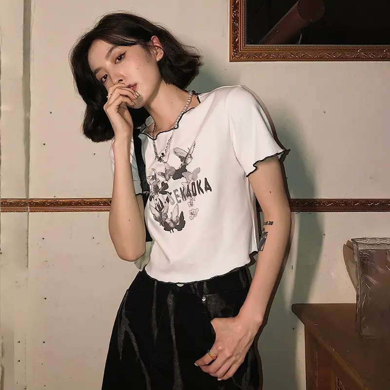 Women White Butterfly Print Short T-Shirt 2025 Summer - Image 3