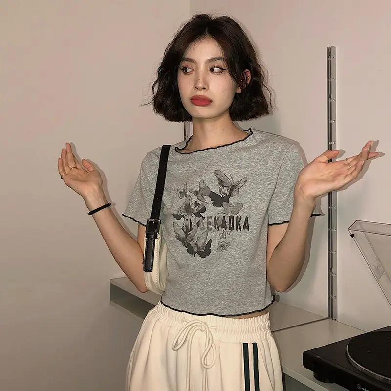 Women White Butterfly Print Short T-Shirt 2025 Summer - Image 4